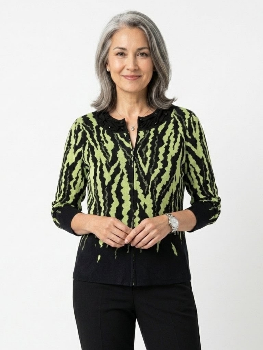 Ming Wang Black Lime Green Zebra Print Cardigan-Large